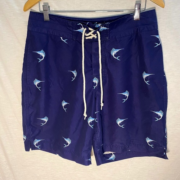 Other - J Crew Men's Board Shorts Swimsuit Size 33 Navy Swordfish Print